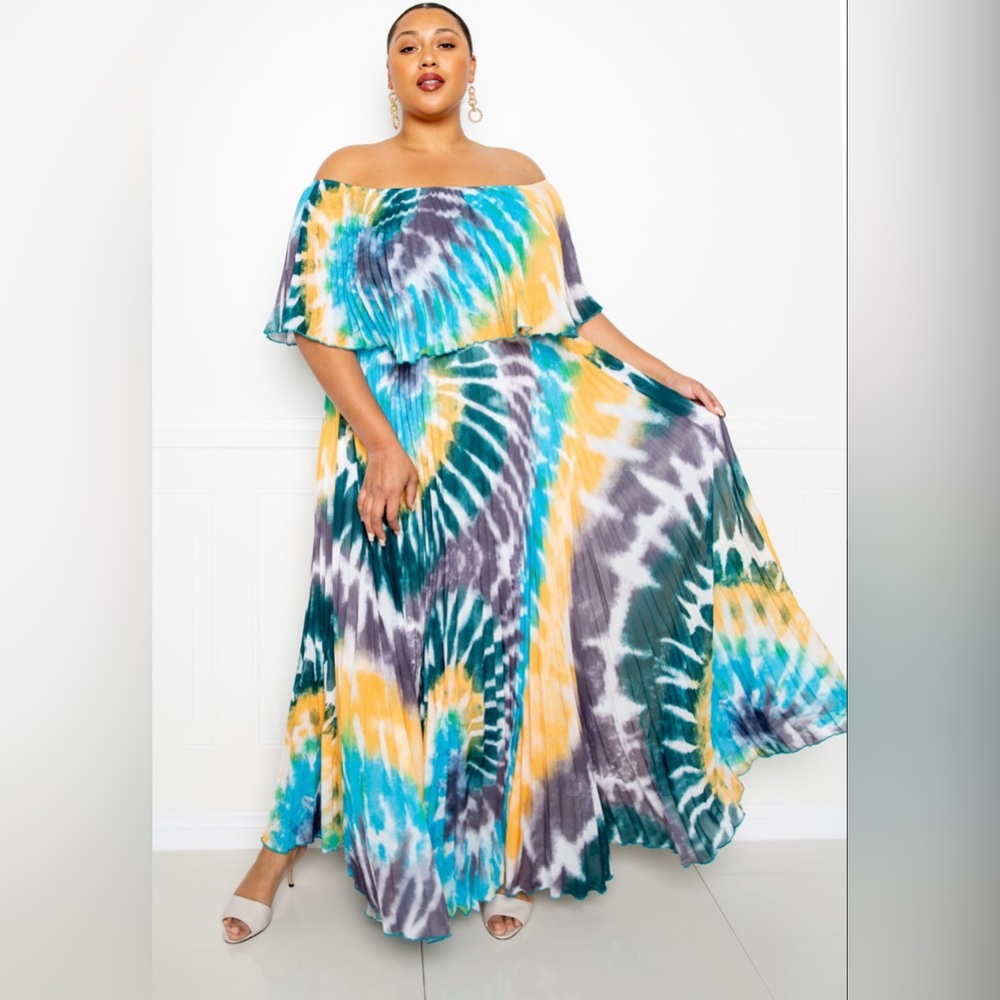 Tie dye off shoulder pleated maxi dress women’s plus size top seller